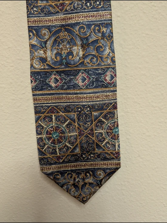 Cambridge Classics Tie‎ Navy Blue Ornate Medallion 100% Silk Vintage Wide