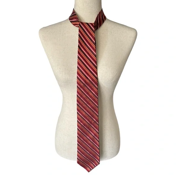 DKNY Men's‎ Striped Silk Tie Red Orange Burgundy Classic Length