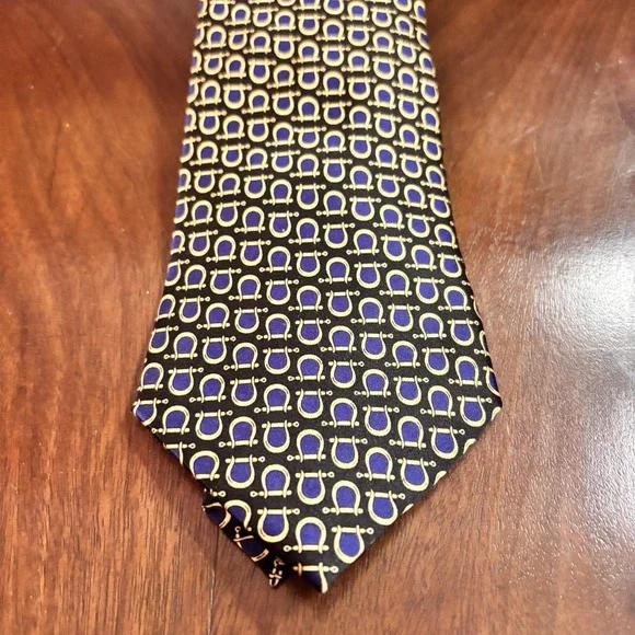 Ashford & Brooks‎ Silk Tie Black Blue Gold Equestrian Horseshoe Necktie