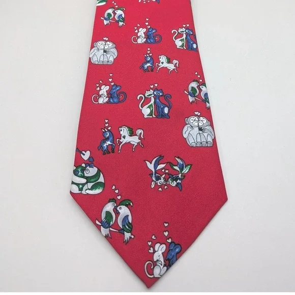 Vintage Avon Fashion Red Valentines Day‎ Love Hearts Animals Neck Tie