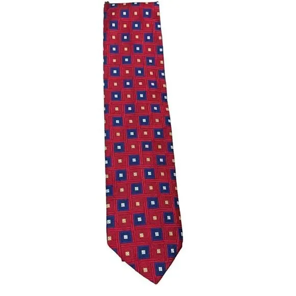 Hart Schaffner Marx Vintage Silk Hand-Tailored Tie, Red Blue Geometric 58”x3.5”‎