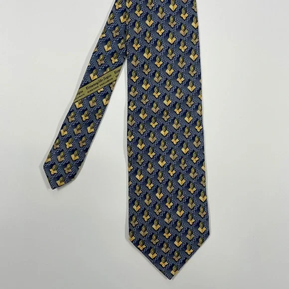Ermenegildo Zegna Blue Gold Geometric Silk Necktie Mens OS