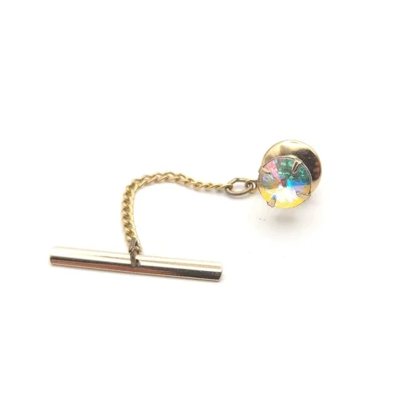 Vintage Gold Tone Aurora Borealis AB Crystal Tie Tack with Safety Chain Bar‎