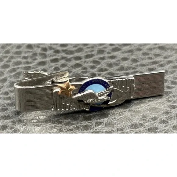 Robbins Attleboro Sterling Silver Pratt Whitney Tie Clip Star Bird Blue Enamel