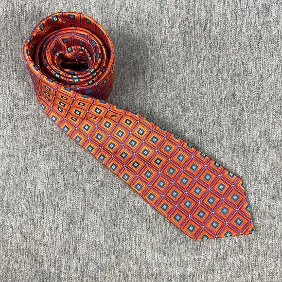 Ted Baker London 100%‎ Silk Necktie Mens Orange Blue Geometric Woven USA Made