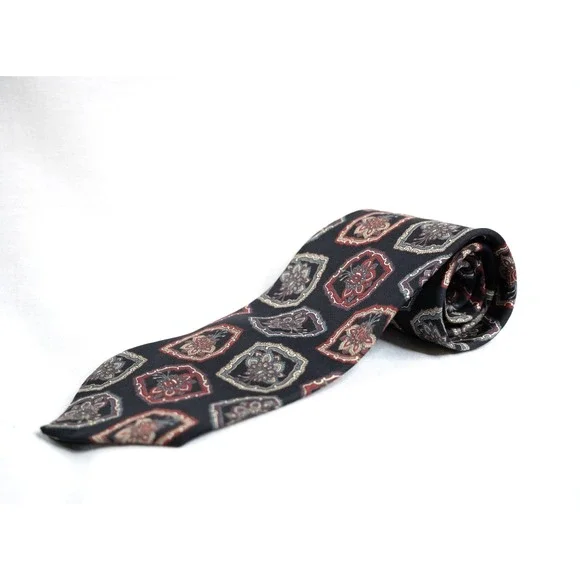 Vintage Oscar de la Renta‎ Couture Black Red Blue Purple Floral Silk Tie