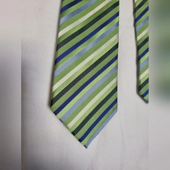 Geoffrey Beene Preppy Blue Green 100% Silk Striped Career Tie Vintage‎