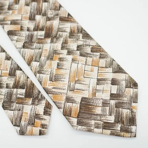 Oleg Cassini Deco Art Abstract Print Brown Polyester Short Wide Tie‎