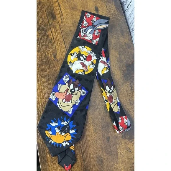 Vintage 1994 Looney Tunes Mania Tie‎ Black Characters Bugs Taz Sylvester Silk