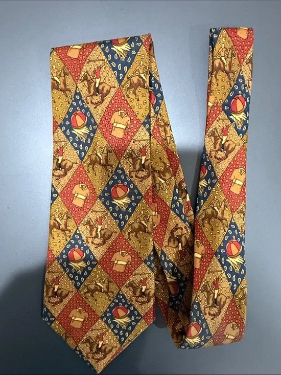 Authentic Celine Multicolor Diamond-Print Silk Tie with Horse & Toy Motif