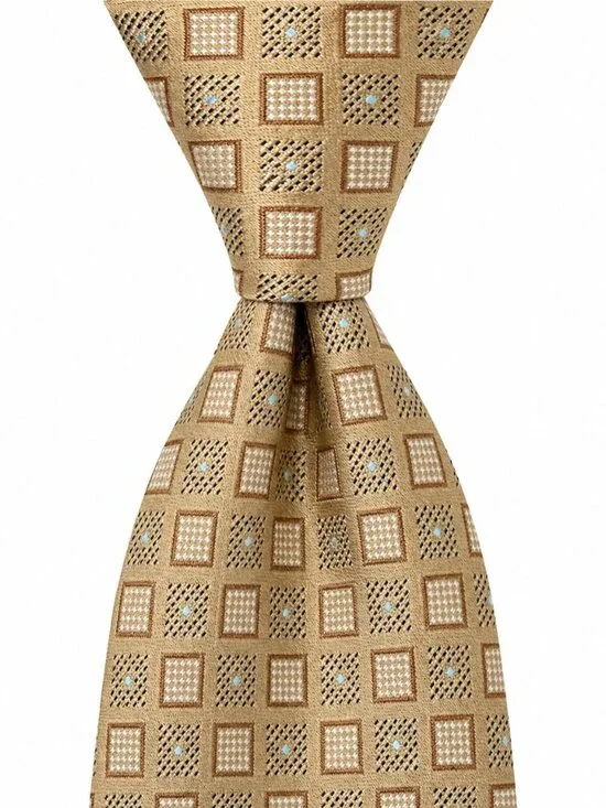 HUGO BOSS Silk Tie Geometric Beige Blue Pattern Made In Italy‎