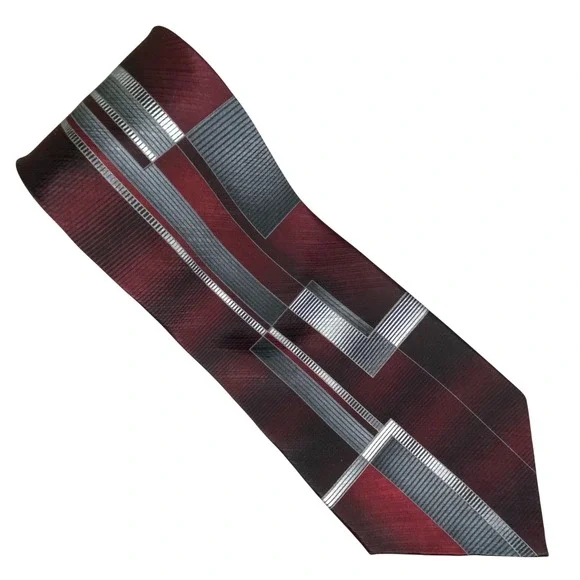 David Taylor Geometric Silk Tie Mens Burgundy Grey Artsy Classic Art‎ Deco 58x4