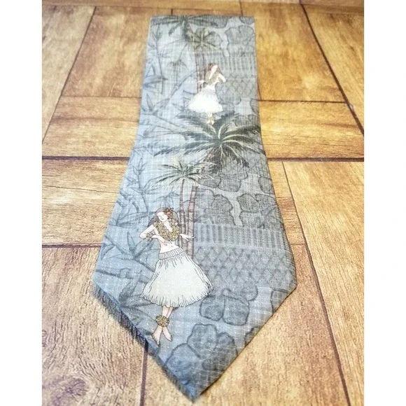 Tropicals by Tango Palm Trees Hula Girl Green Blue Textured Silk Pointed Tie‎