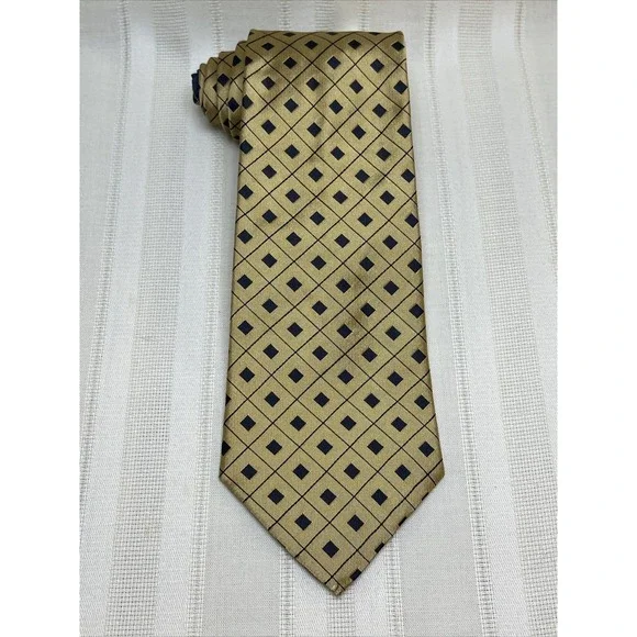 Tommy Hilfiger Men's Tie Gold Silk Black Geometric Check Diamond Vintage 90s Y2K