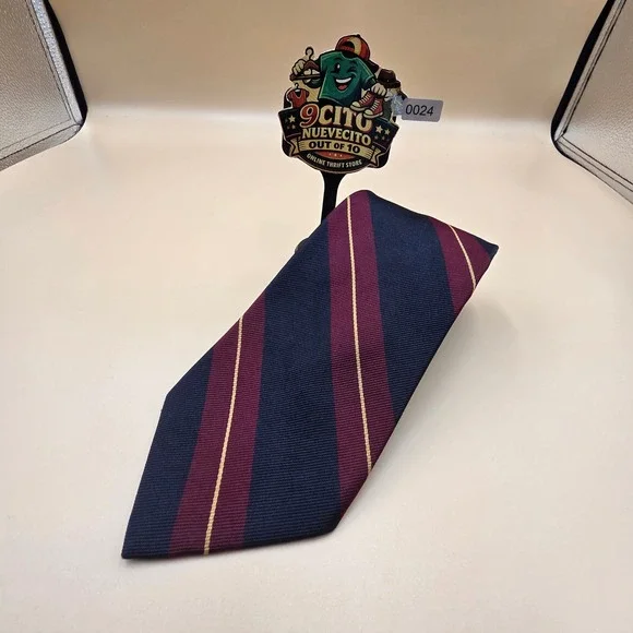The Mans Shop Silk Regimental Stripe Tie Navy Burgundy Gold Organzine Warp Mens