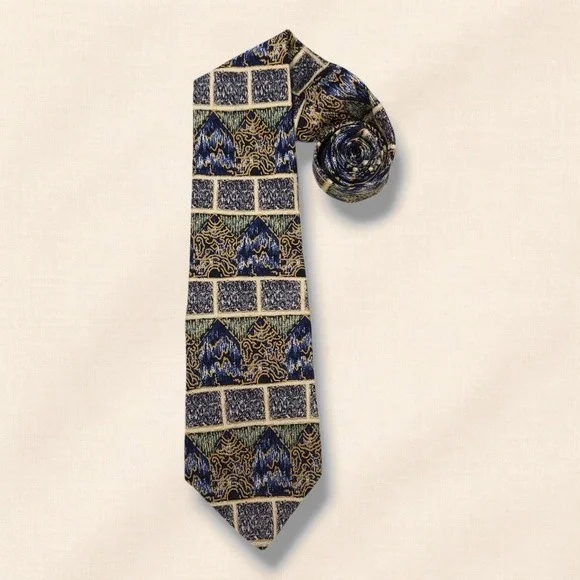 Albert Nipon Silk Necktie Abstract Geo Paisley Jacquard Blue Gold Vintage‎ OS