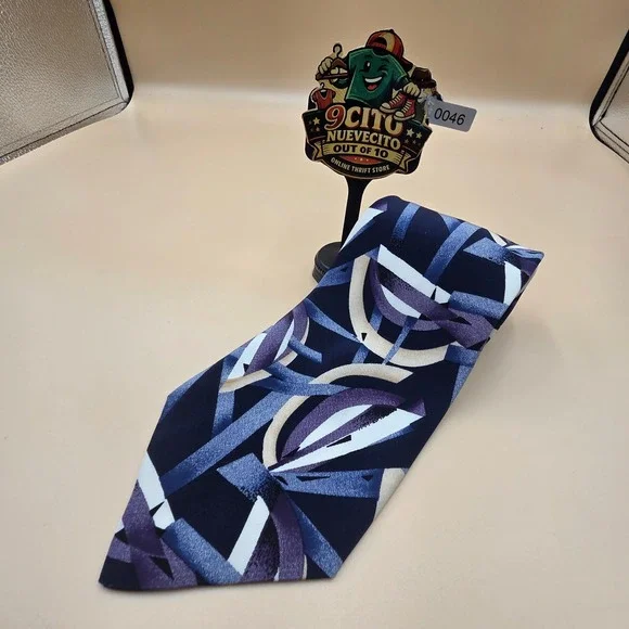 Brandini Mens Silk Necktie Abstract Geometric Navy Blue Purple Tan White