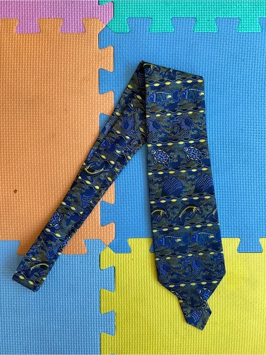 🐢Baribunma Indigenous Australian Art Tie Blue Dot Painted Turtle Dolphin Silk