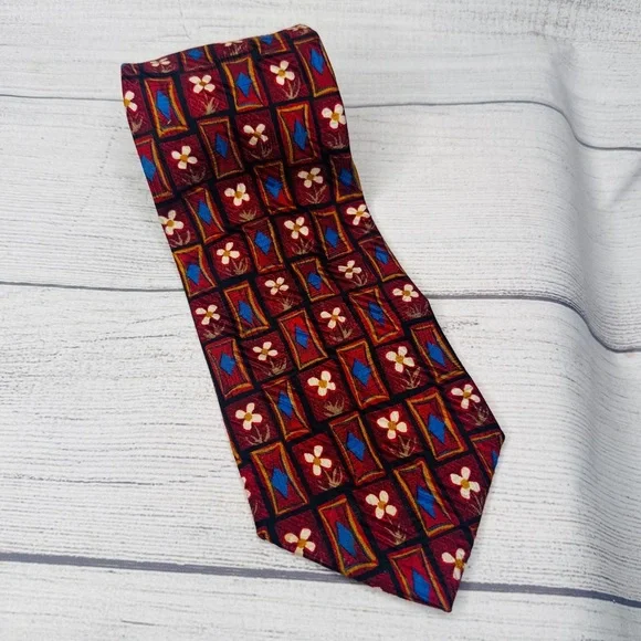 Ermenegildo Zegna‎ Tie Men's Red Blue Geometric Daisy Floral Necktie Silk