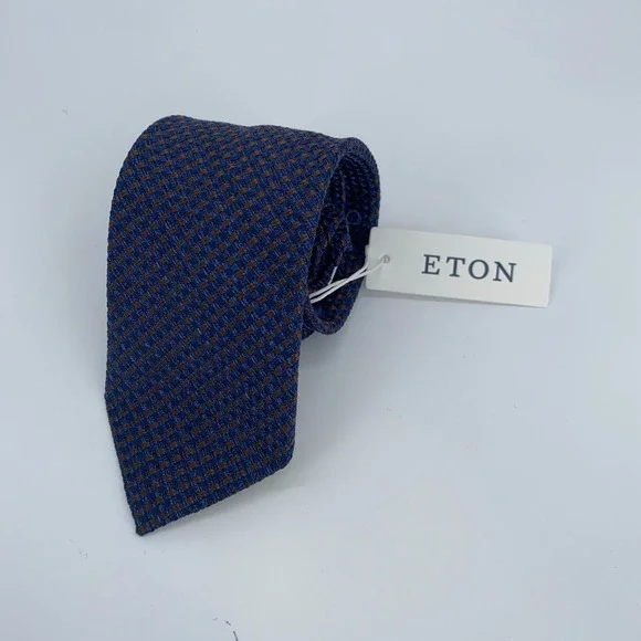 Eton Tie Mens One‎ Size Blue Brown Patterned Silk Classic Necktie Italy Made NWT
