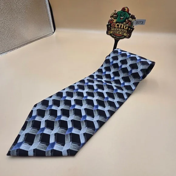 Laurant Benon Paris Mens Silk Tie Blue Grey Black Geometric Geometric Hand Made