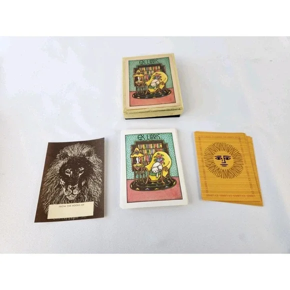 Vtg Antioch Ex Libris Cozy‎ Cat Library Books Bookplates Box 50+ Lion Sun Art