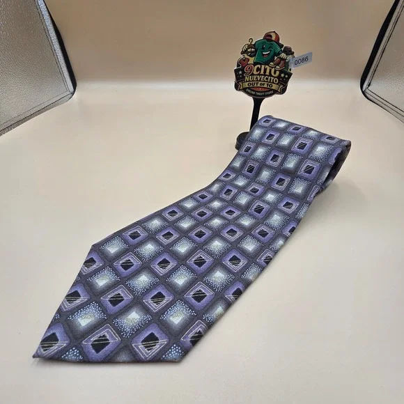Enrico Guccini Mens Silk Tie Purple Grey Geometric Square Pattern Handmade 4