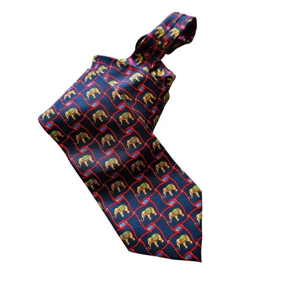Bernard Silk Tie Navy Blue Elephant Animal Print Geometric Made in France Mens