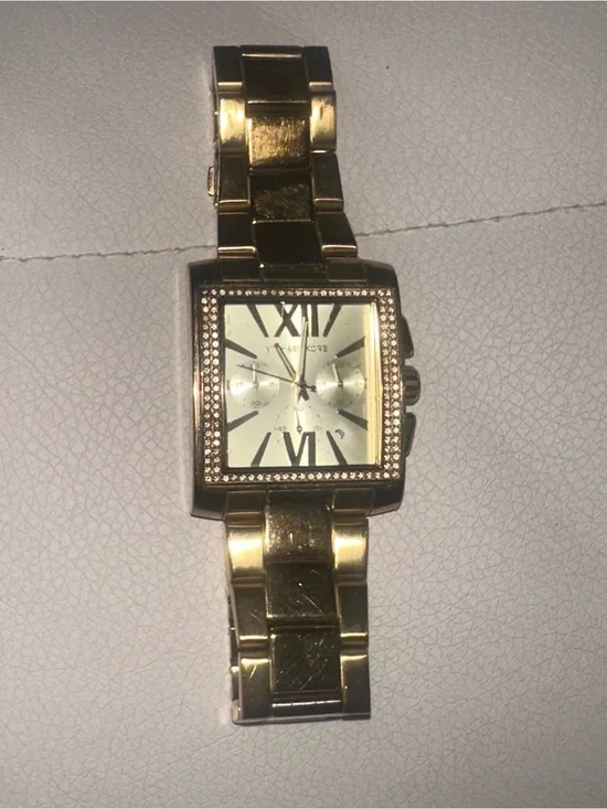 Michael Kors Gold-Tone Square Chronograph Watch with Crystal Bezel