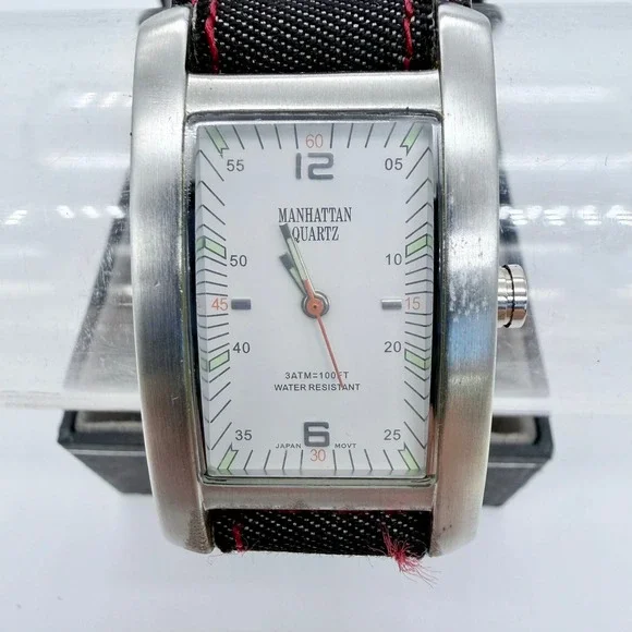 Croton Manhattan Mens Quartz Stainless Steel Black Denim Cuff Watch White Dial