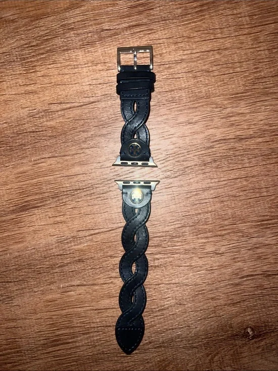 Tory Burch Navy Blue Braided Leather Apple Watch Band with Gold Adapters