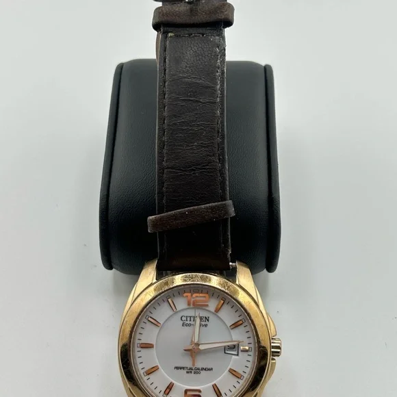 Citizen Eco-Drive Gold and Brown leather white dial Watch #593