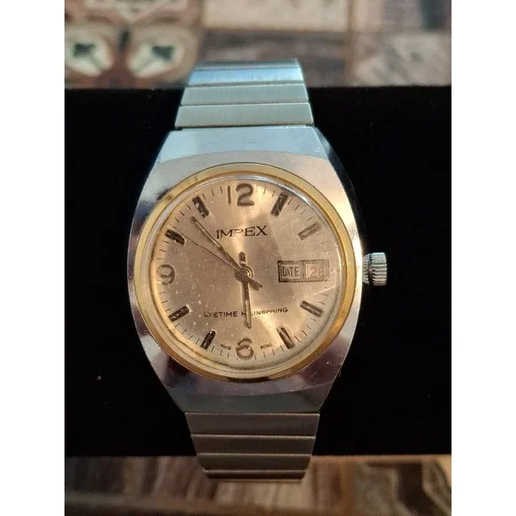 Impex Mens Mechanical Watch, Lifetime Mainspring, Date, Stretch Bracelet Band.