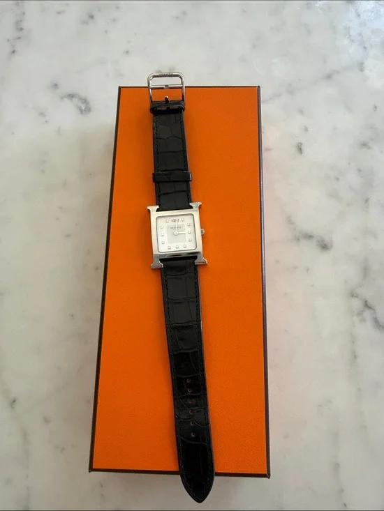 Hermes Black Leather Strap Men's Dress Watch with Silver Square Case