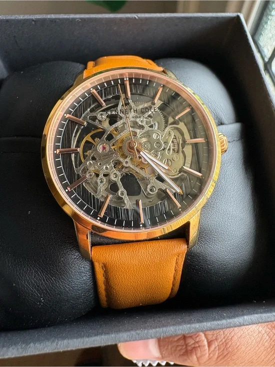 Kenneth Cole Rose Gold Skeleton Dial Watch with Tan Strap