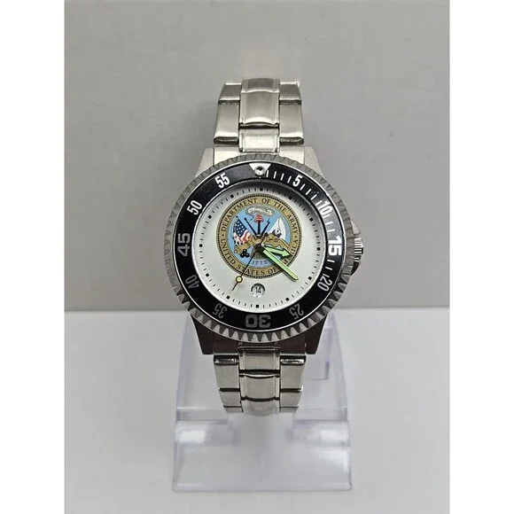 Sun Time US Army Dept Seal Competitor Steel Watch Quartz Date New Battery Mens