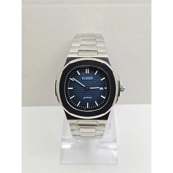 PLADEN Geneva Blue Dial Stainless Steel Date Quartz Watch New Battery Mens