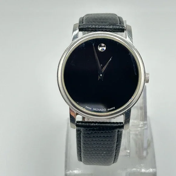 Movado Black Leather Strap Watch swiss quartz 12.396.106 #535