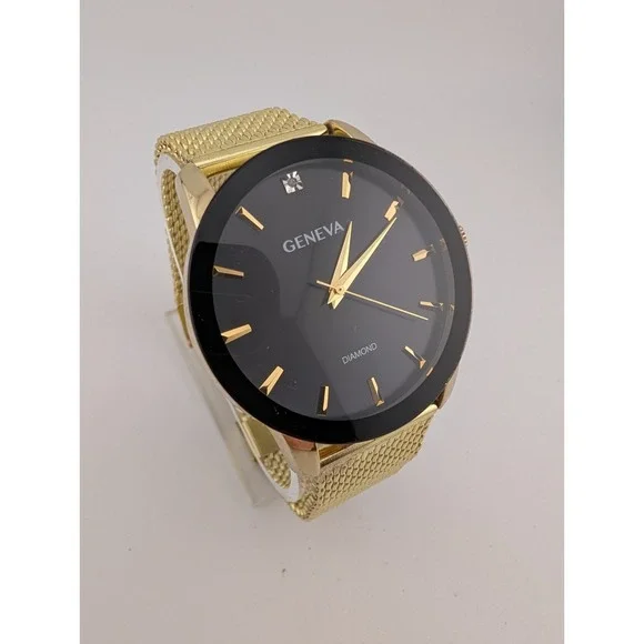 Geneva Diamond Watch Men 42mm Case‎ Gold Mesh Metal Band- New Battery
