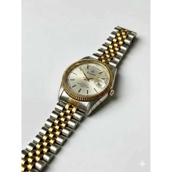 Vintage Elgin FC412 6M55 Two-Tone Day-Date Quartz Men's Watch 100ft