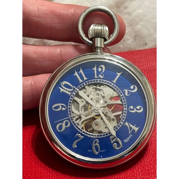 Majesti Skeleton Pocket Watch Blue Dial Mechanical Silver Tone Case