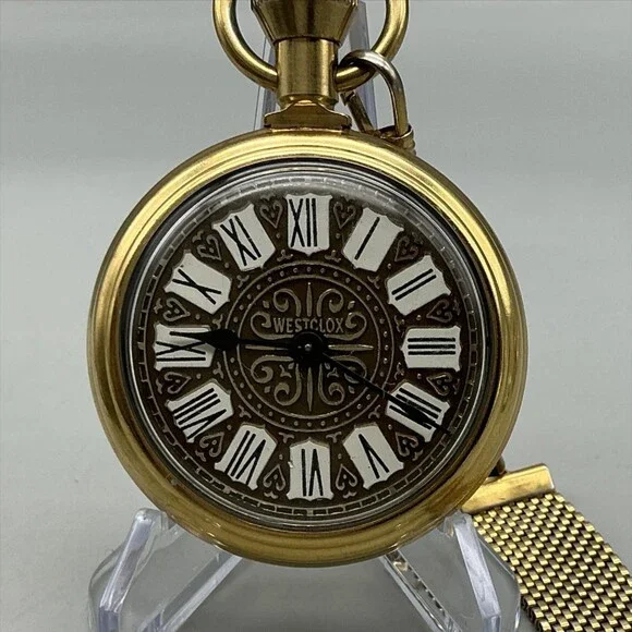 Vintage Westclox Pocket Watch Men 50mm Brown Dial Gold Tone Manual Wind Chain