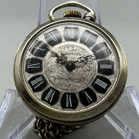 Vintage Benetton Pocket Watch Men 34mm Silver Tone Black Dial Manual Wind Chain