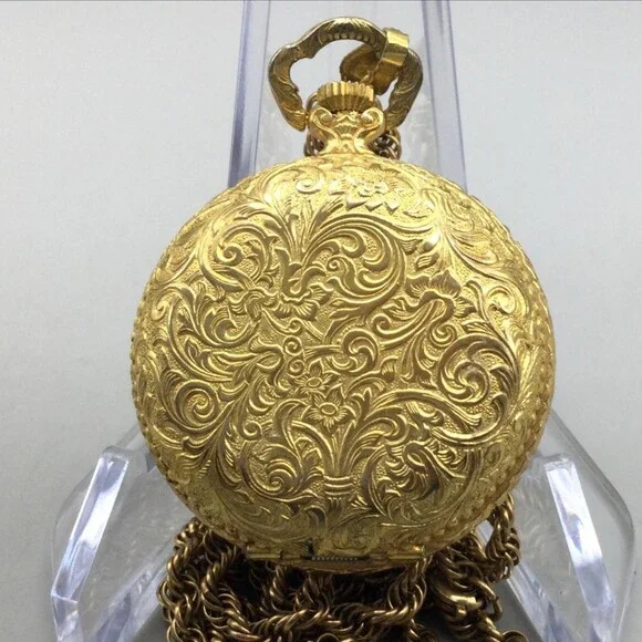 Vintage Bonnard Pocket Watch Women 35mm Gold Tone Full Hunter Chain Manual Wind