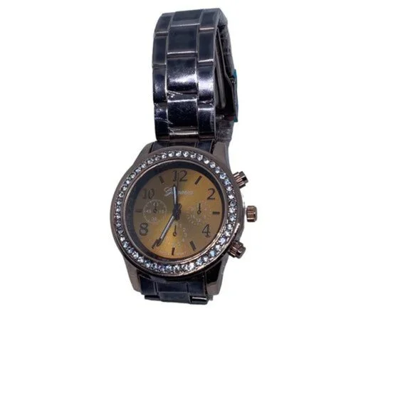 Chocolate‎ Geneva Crystal Rhinestone Chronograph Watch with Metal Link Band