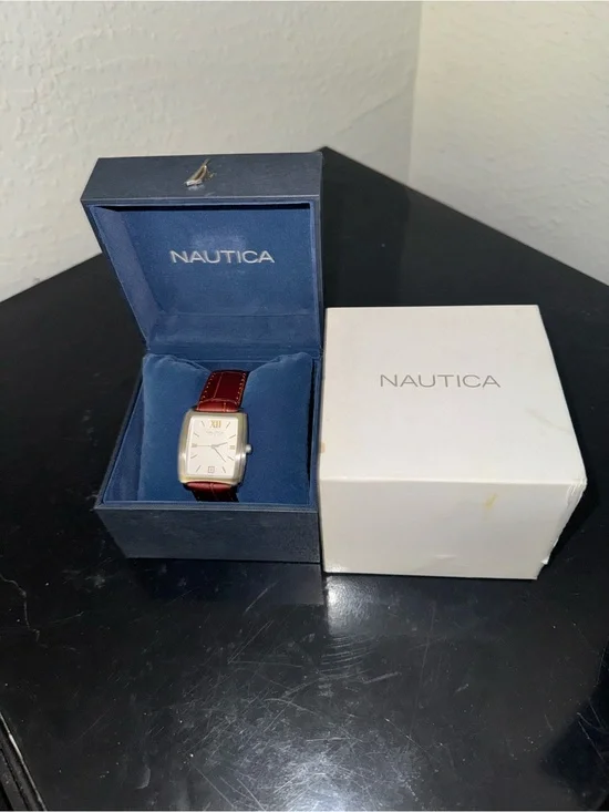 Nautica Rectangular Watch with Burgundy Leather Strap and Gold Case