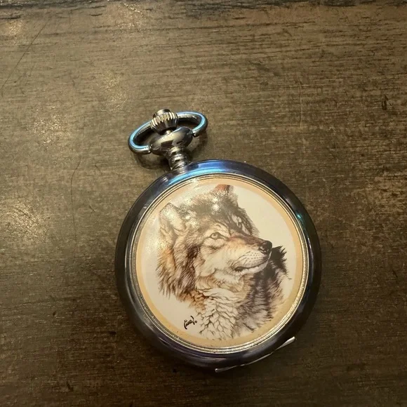 Wolf Illustration Silver Pocket Watch