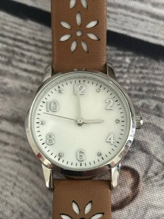 Silver Tone White Dial Brown Band Women’s Quartz Watch
