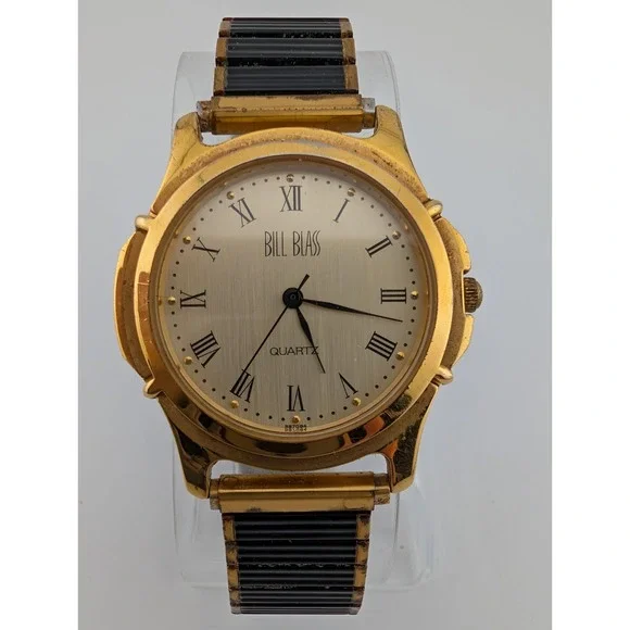 Vintage Bill Blass Watch Men 36mm Case Black/Gold Stretch Band-‎ New Battery
