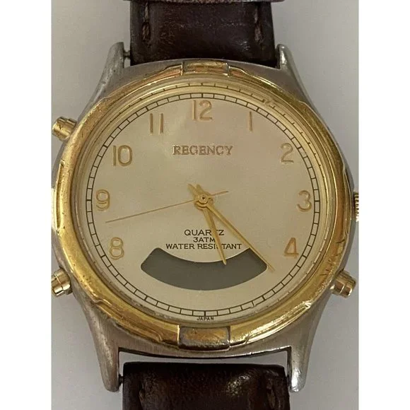 Regency Men's Brown Leather Stainless Steel Water Resistant Quartz Battery Watch